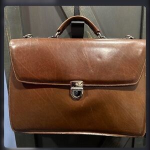 Men's Brown Leather Briefcase with Top Handle and Lock